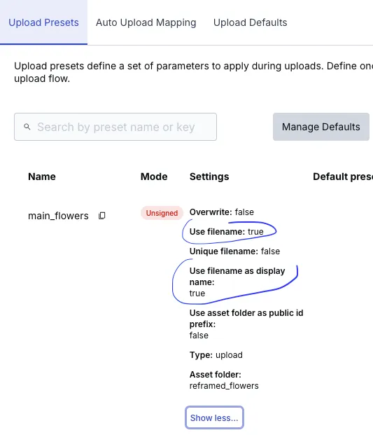 Cloudinary BO, upload preset