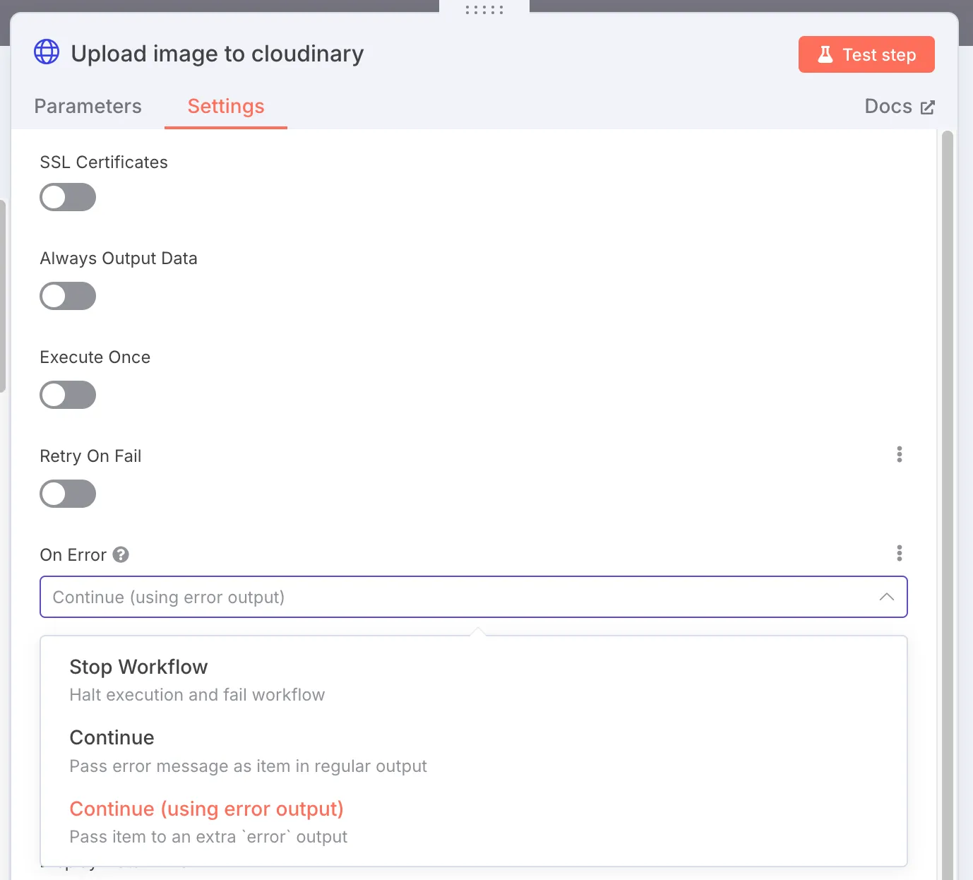 n8n http-request node onerror config