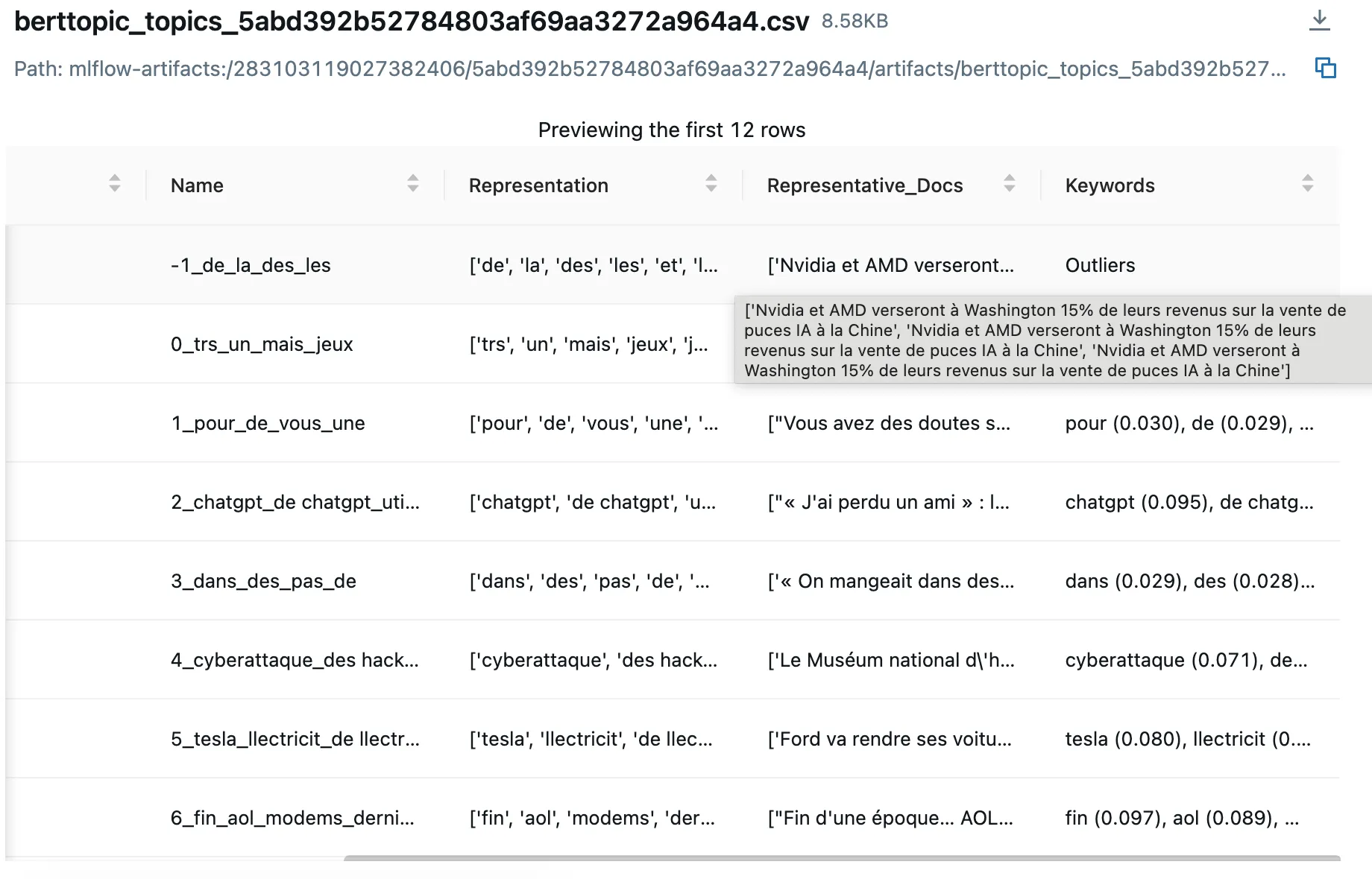 BERTopic representatives docs in MLFLow